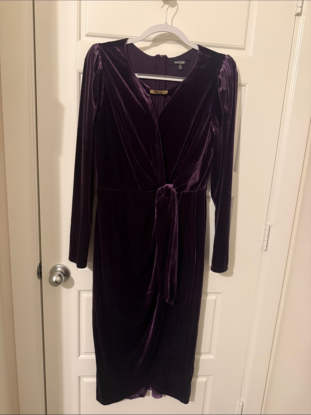 Kensie Plum Faux Wrap Velvet Dress with Self-Tie Waist